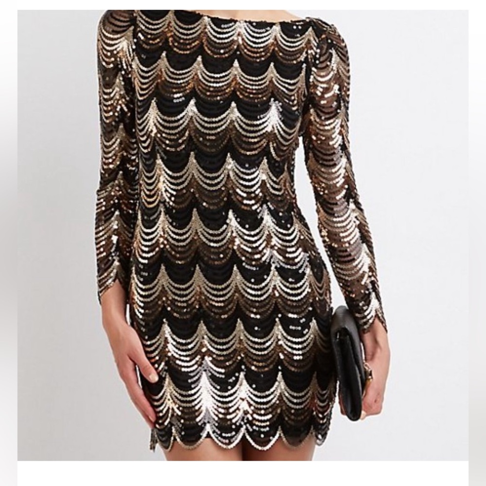 Charlotte Russe Black/Gold/Silver Sequin Midi Dress With Scalloped Hem/Sleeves S